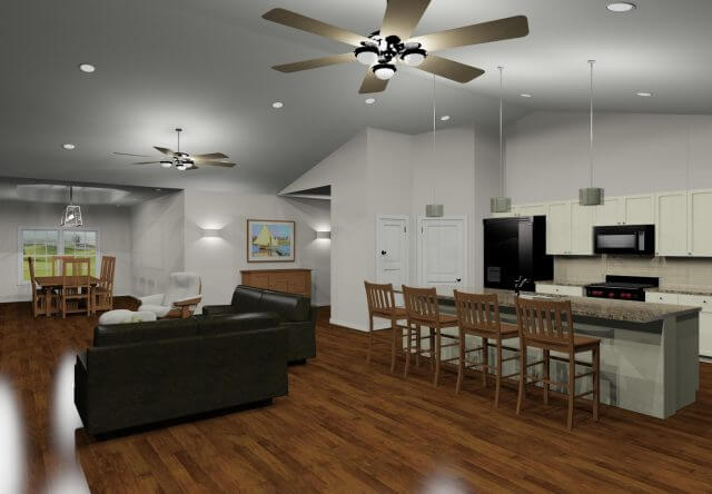 Three dimensional rendering of kitchen and common areas