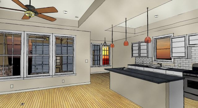Watercolor rendering of the Theriot residence kitchen