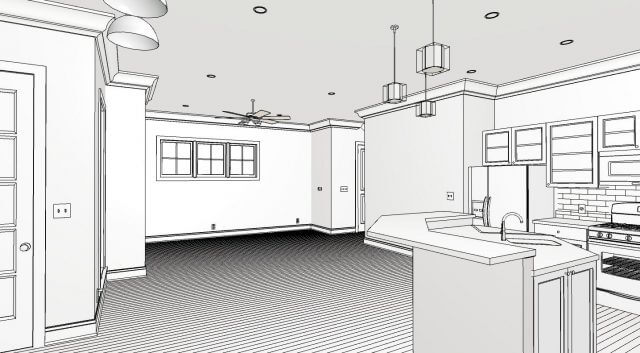 Ray tracing of view of kitchen and family room