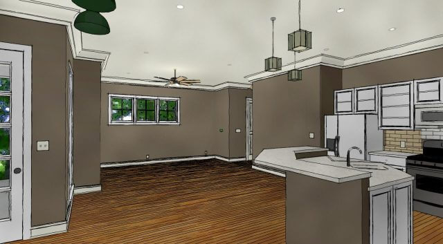 Watercolor rendering of view of kitchen and family room