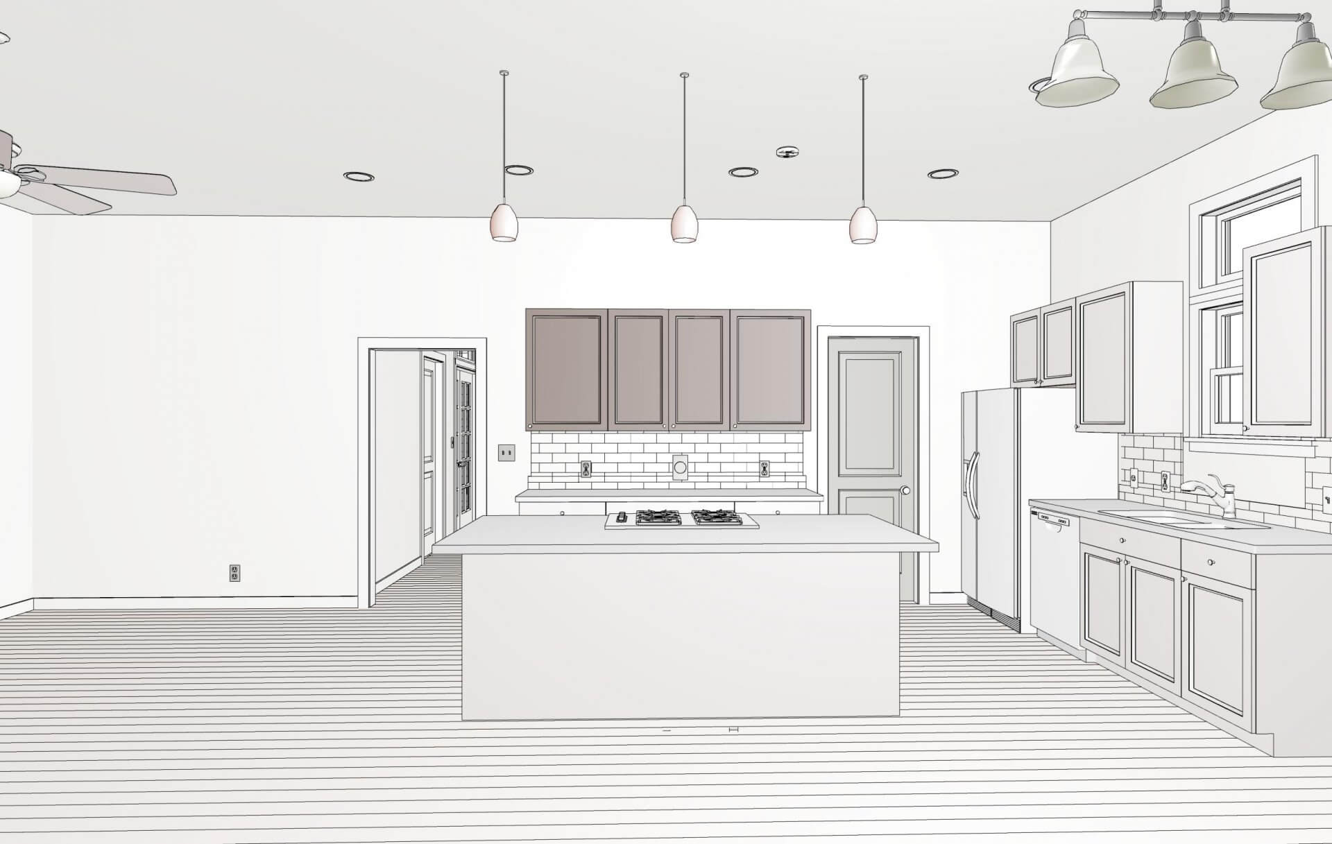 Ray tracing of custom designed kitchen in Shotgun Cottage on Lloyd Street in East Hill by Good Foundations, Inc.