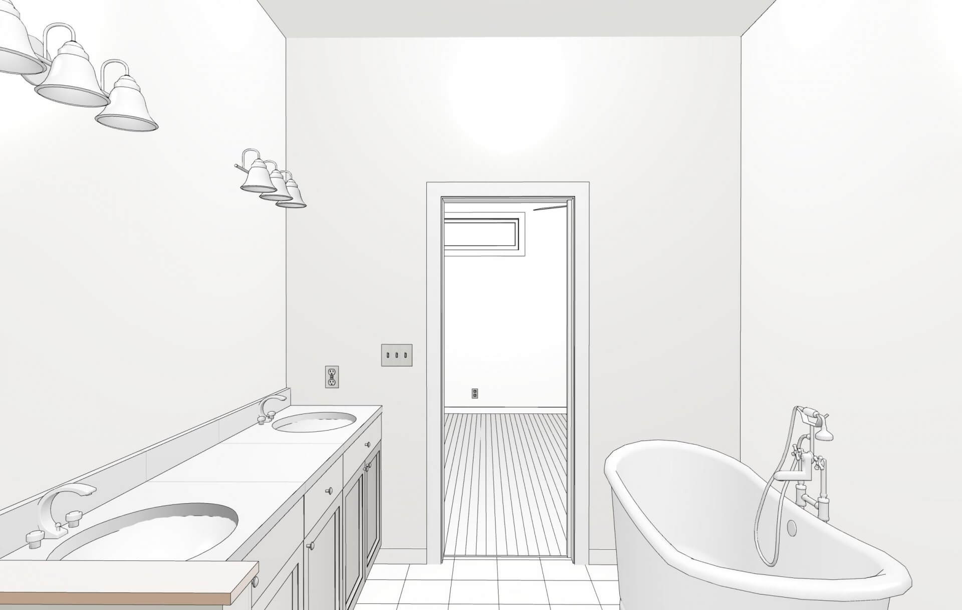 Ray tracing of custom designed bathroom in Shotgun Cottage on Lloyd Street in East Hill by Good Foundations, Inc.