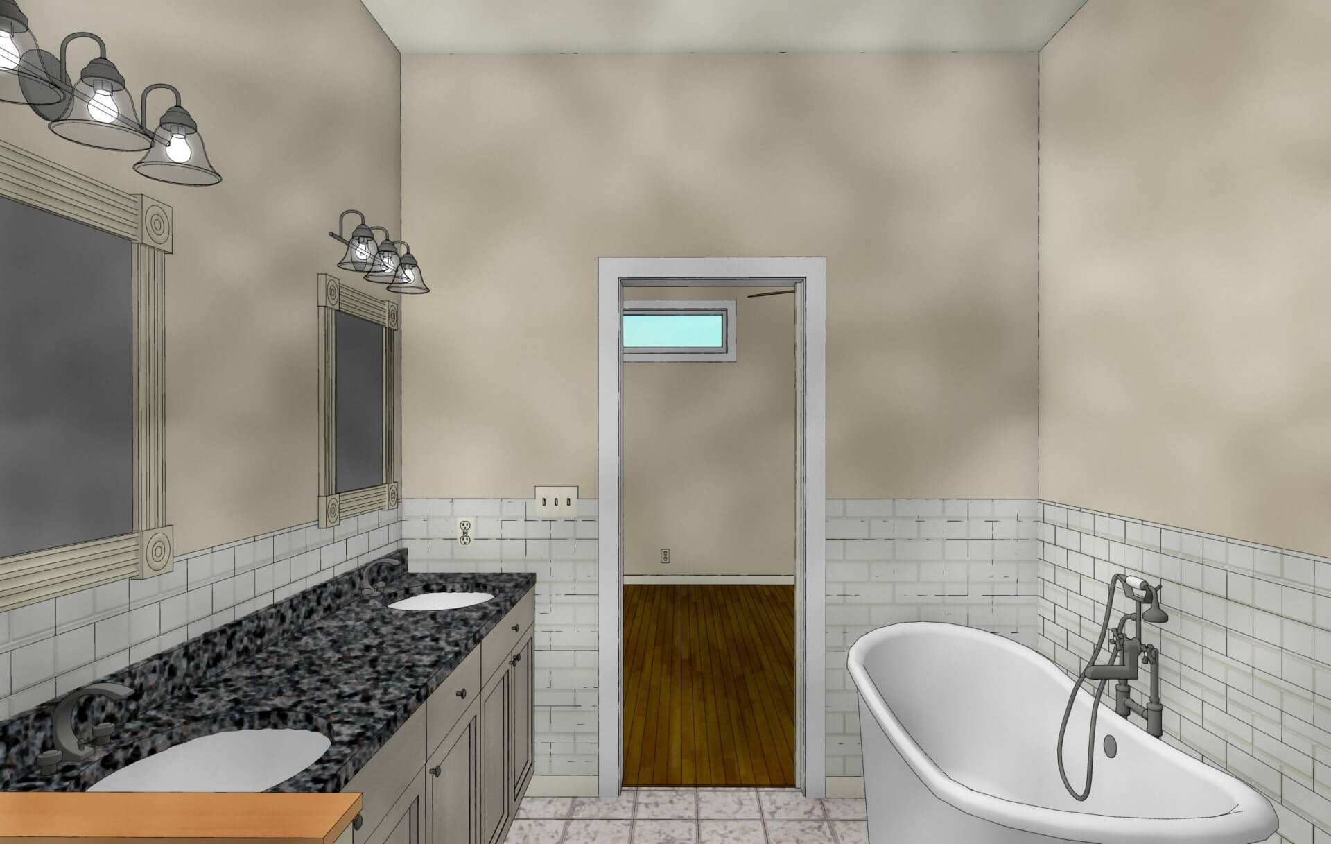 Watercolor rendering of custom designed bathroom in Shotgun Cottage on Lloyd Street in East Hill by Good Foundations, Inc.