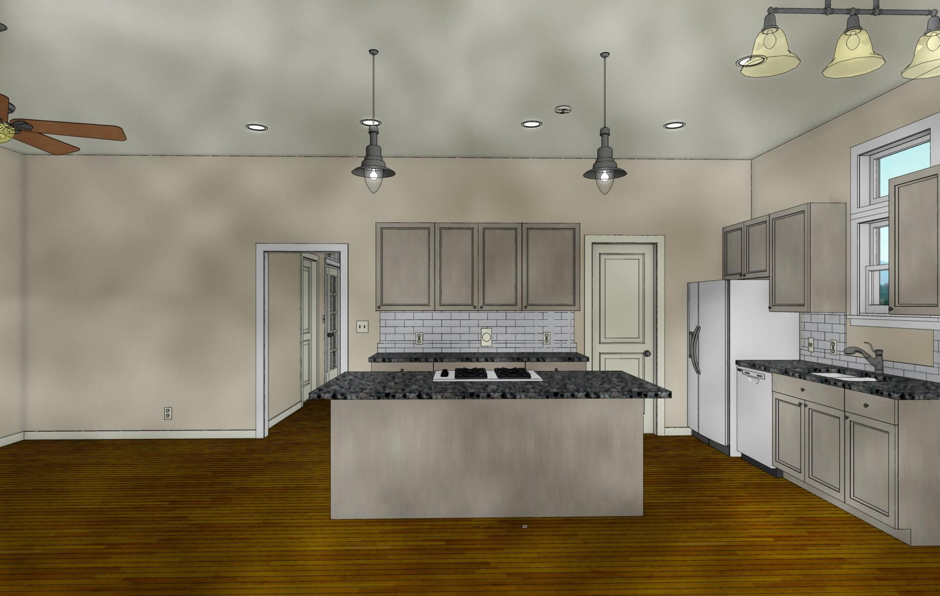 Watercolor rendering of custom designed kitchen in Shotgun Cottage on Lloyd Street in East Hill by Good Foundations, Inc.